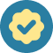 Blue circular background with a yellow rounded square and white checkmark, signifying success or verified status.