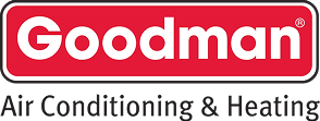 Goodman logo in red rounded rectangle with white lettering, and the tagline "Air Conditioning & Heating" underneath.