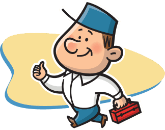 Friendly handyman character, giving a thumbs-up while carrying a red toolbox.
