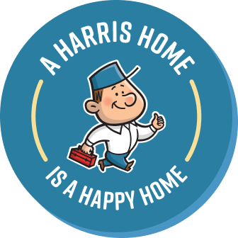 Circular blue badge with a smiling cartoon handyman carrying a toolbox; reads “A Harris Home is a Happy Home.”