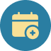 Add to calendar button: calendar icon with a small plus sign on a blue circle background