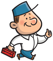 Smiling cartoon handyman in a blue cap, white shirt, and jeans, carrying a red toolbox and giving a thumbs up.