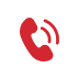 Red telephone handset with curved sound waves inside a white circle, representing a call/contact button.