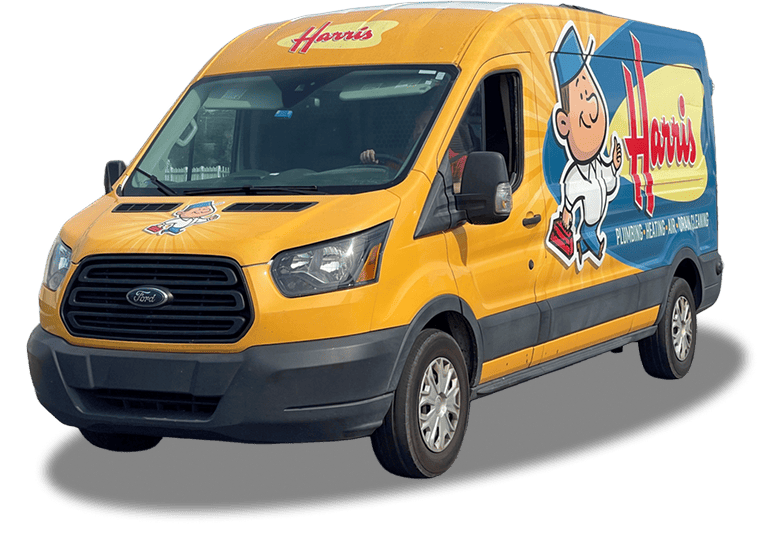 Yellow Harris plumbing van with a cartoon plumber on the side, advertising plumbing services in blue and yellow colors.