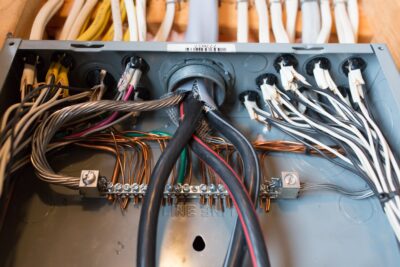Open panel with wires neatly arranged