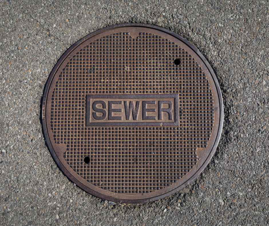 Round metal sewer manhole cover with a grid pattern and a recessed 'SEWER' label, set in asphalt pavement.