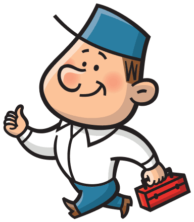 Cheerful cartoon handyman walking with a red toolbox, giving a thumbs up and wearing a blue cap and white shirt.