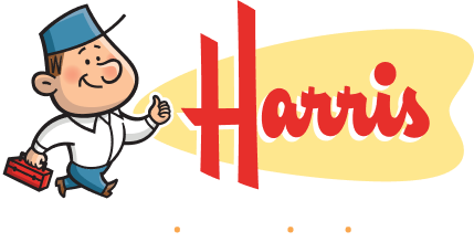 Harris logo featuring a cartoon plumber giving a thumbs-up, holding a toolbox, with bold red 'Harris' text and 'Plumbing • Heating • Air • Electric' tagline on a yellow backdrop.
