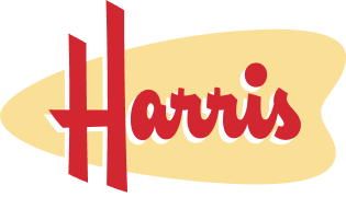 Harris logo in red script over a pale yellow oval background.