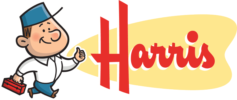 Cartoon worker with a blue cap and toolbox walking beside the red Harris wordmark on a yellow backdrop.