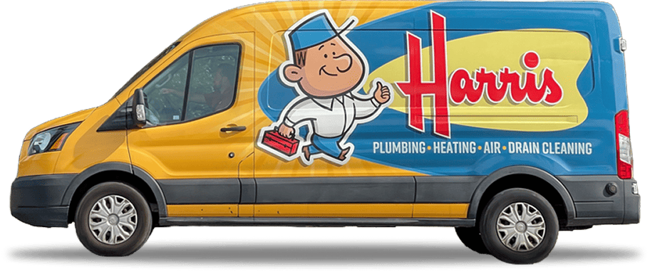 Harris plumbing van with a cheerful cartoon plumber holding a tool, colorful yellow and blue design with services listed: plumbing, heating, air, drain cleaning